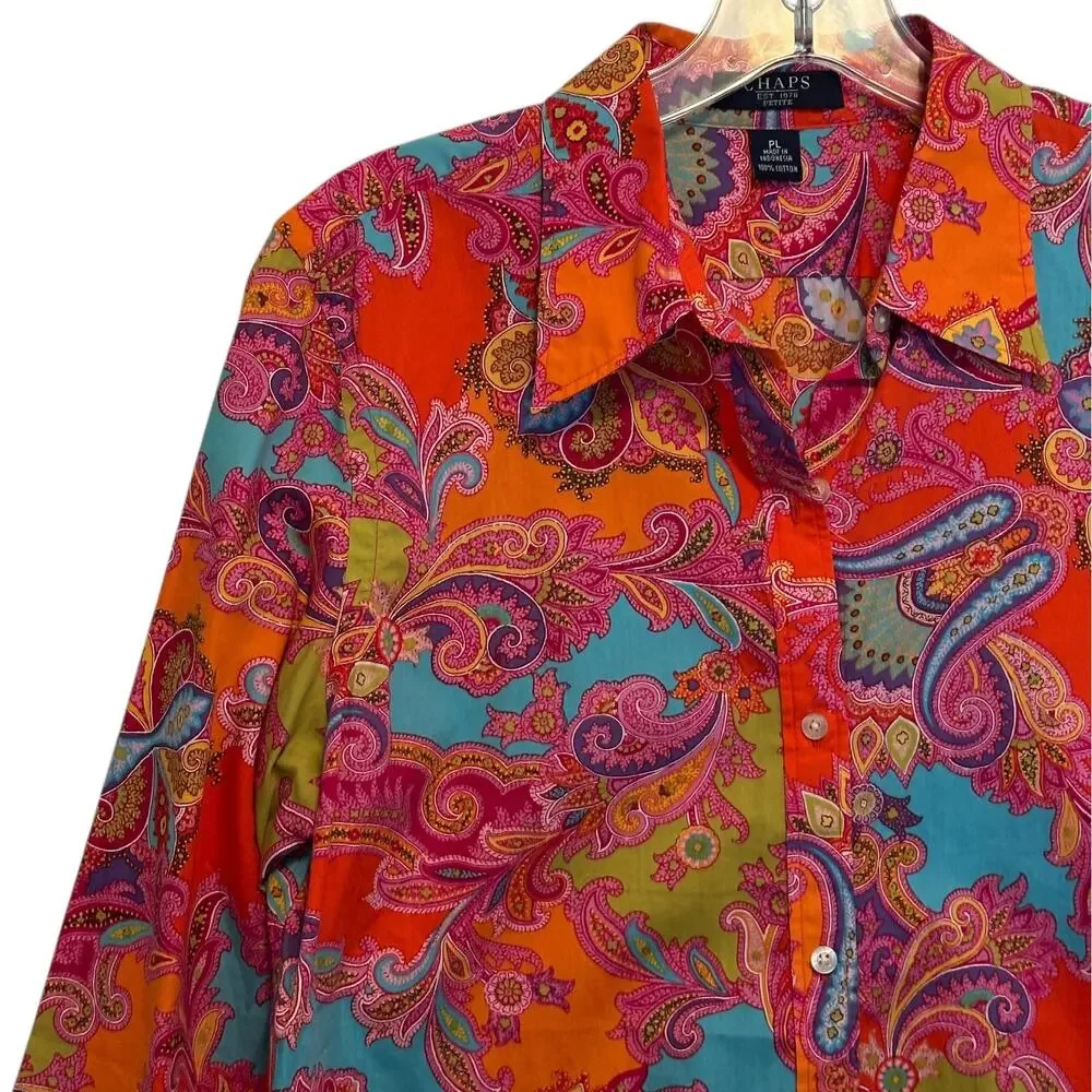 Chaps Colorful Paisley Top Womens Large LP Cotton Classic Preppy Button Shirt - Picture 3 of 8